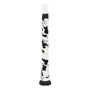 Close-up of a black baseball bat handle with a white, black, and gray camouflage grip.