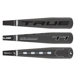 Top-down view of a black baseball bat with TRUE and T1 branding.