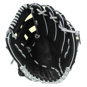 Inside view of a black baseball glove with white lacing and a bull logo.