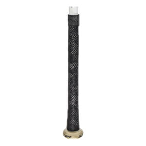 Close-up of a black baseball bat grip with a checkered pattern and a white end cap.