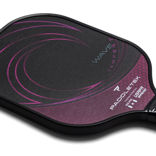 Close-up of a black pickleball paddle with pink wave design, PADDLETEK logo, and USAPA APPROVED text.