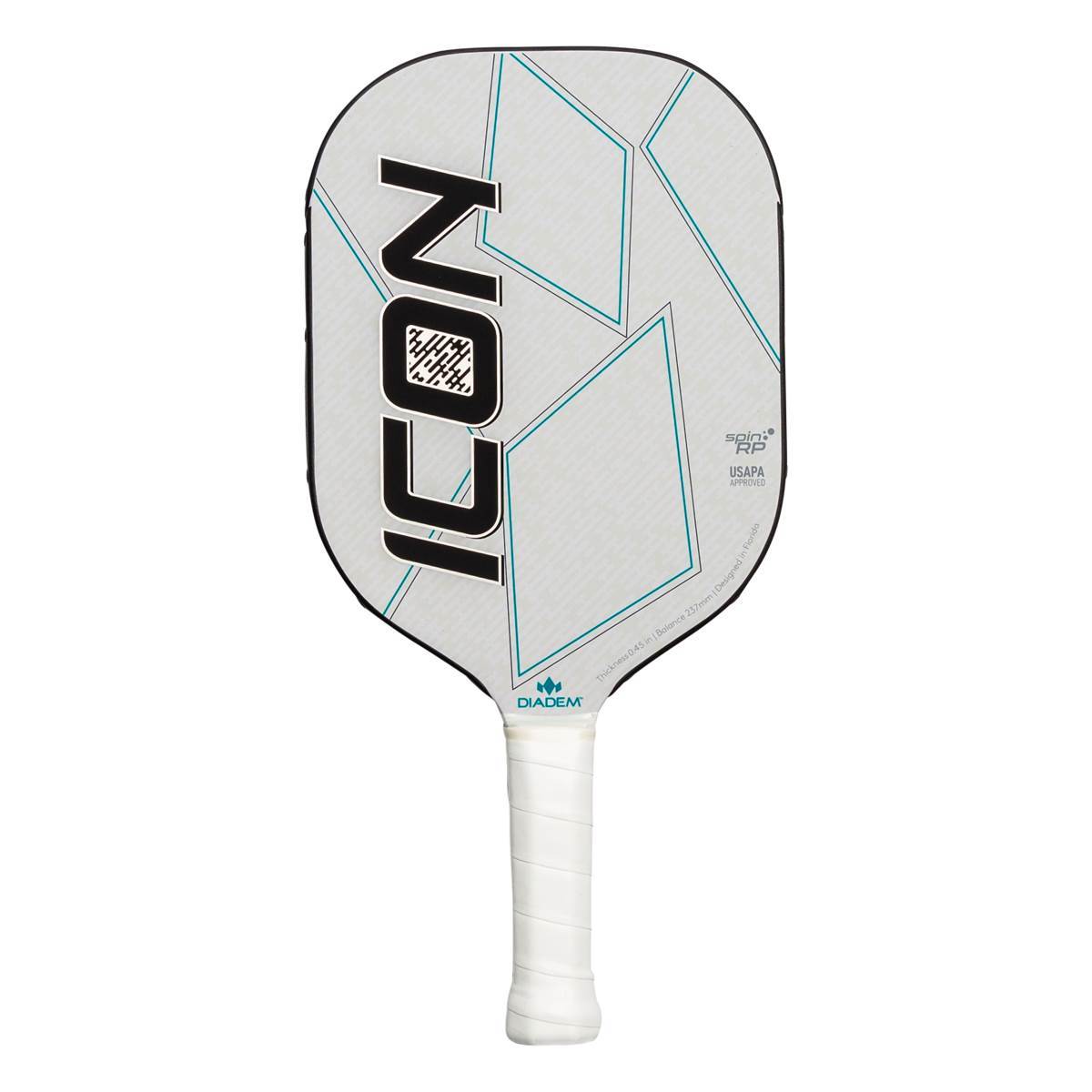 Front view of a white pickleball paddle with ICON text, geometric lines, and a white grip.