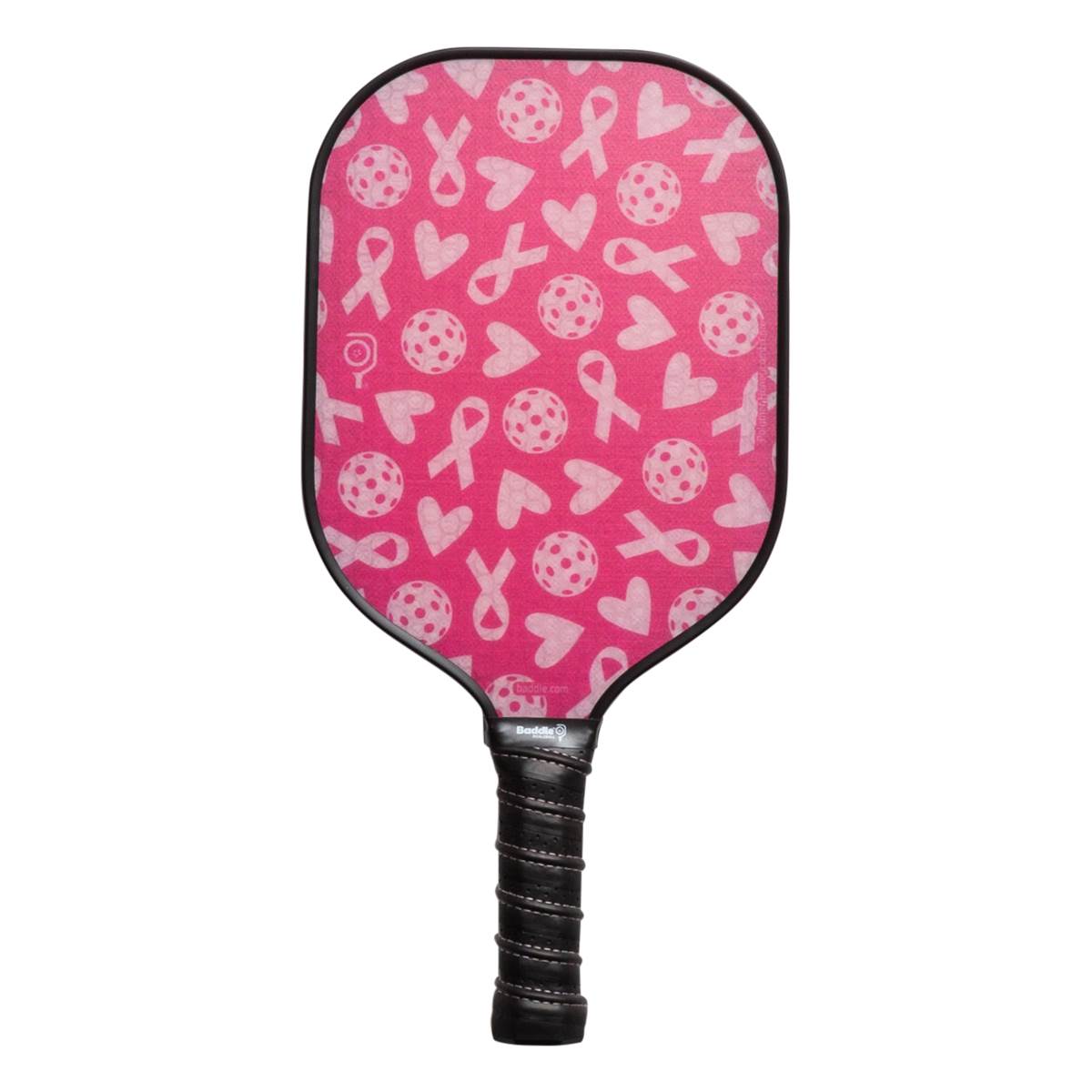 Front view of a pink pickleball paddle with a pattern of ribbons, hearts, and pickleballs.