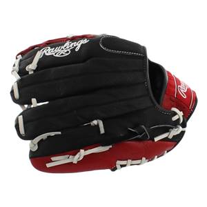 Side view of a black and red baseball glove with Rawlings branding and white lacing.