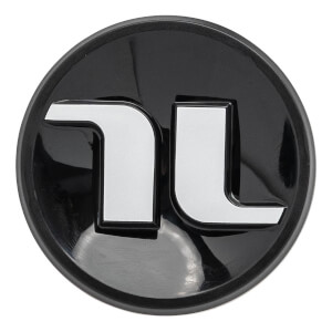 Close-up view of the circular black bat knob featuring a stylized silver TL logo with a glossy finish.