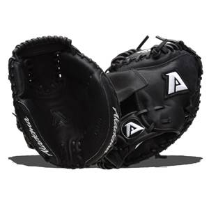 Front view of a black catchers mitt with white Akadema text and two white A logos.