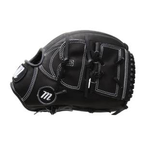 Side view of a black baseball glove with white stitching and a Marucci m logo.