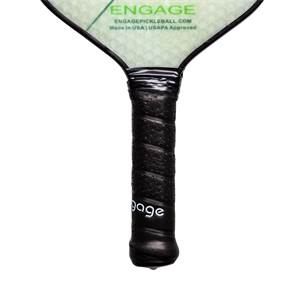 Top-down view of a black pickleball paddle grip with white engage text and textured surface.