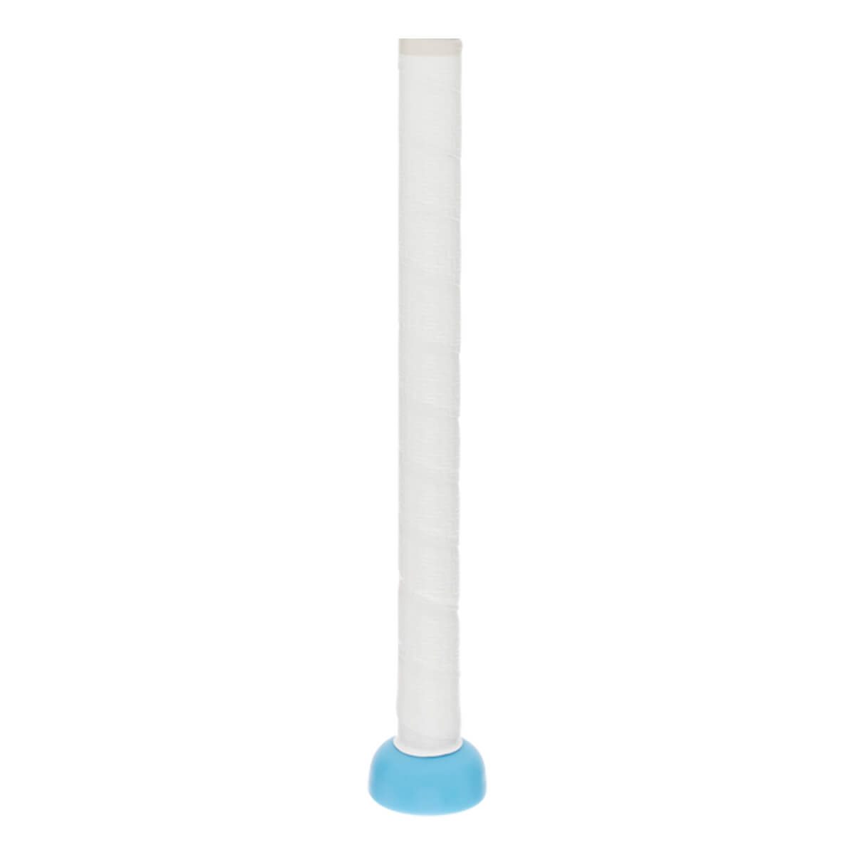 Side view of a white bat handle with spiraled grip tape and a light blue rounded knob.