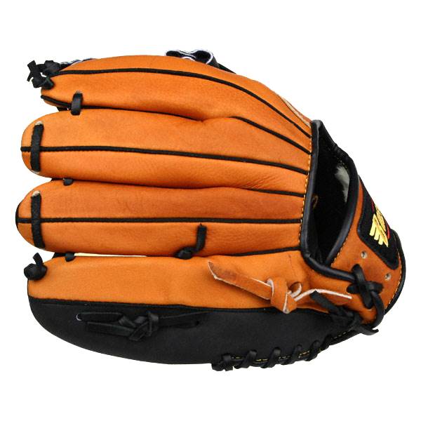 Side view of an orange baseball glove with black lacing and a yellow logo.
