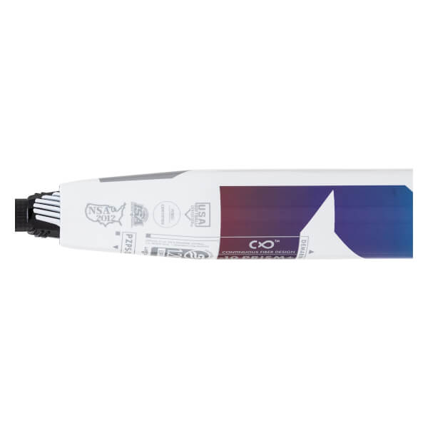 Side view of a white fastpitch softball bat with red and blue gradient and CONTINUOUS FIBER DESIGN text.