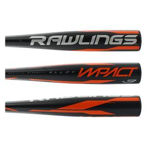Top-down view of a black baseball bat with orange RAWLINGS and IMPACT branding.