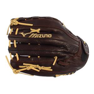 Top-down view of a brown softball glove with tan lacing and gold Mizuno branding.