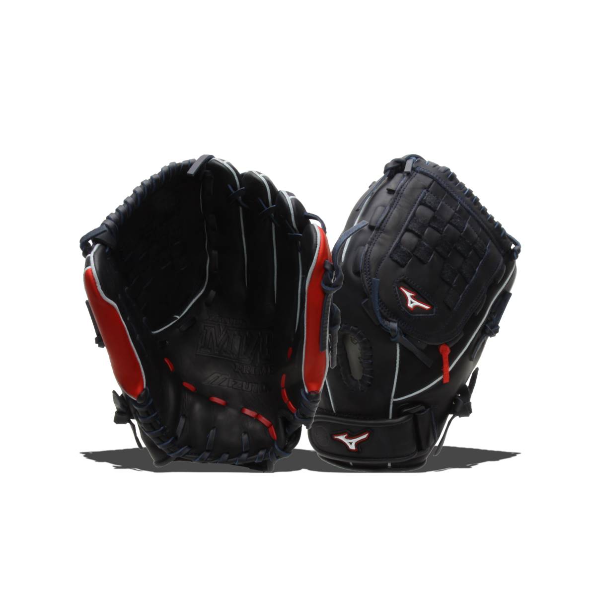 Front view of black Mizuno MVP Prime SE Fastpitch Series gloves with red accents and white stitching.