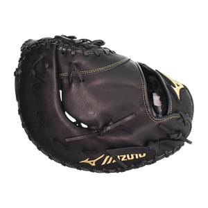 Top-down view of a black baseball mitt with gold stitching and Mizuno branding.