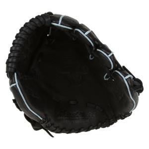 Top-down view of a black baseball glove with light blue lacing and Akadema embossed on the palm.