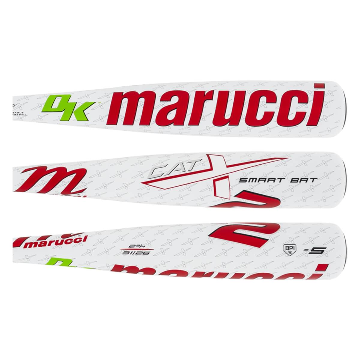 Three side views of the white bat barrel show red Marucci branding, a neon green CATX logo, and the text SMART BAT over a repeating light gray X pattern.
