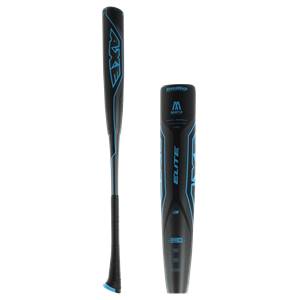 Side view of a black Axe Elite baseball bat with blue accents and HYPERWHIP text.