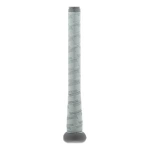 Close-up of a grey baseball bat grip with repeating Marucci text.