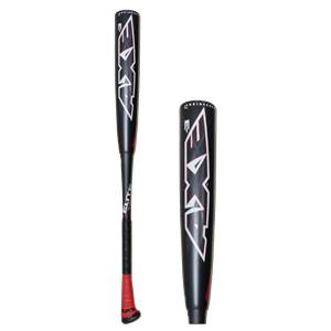 Side view of a black Axe Elite baseball bat with red grip and white AXE logo.