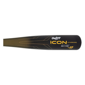 Side view of a black baseball bat with gold Rawlings ICON [CARBON] text and -13 marking.