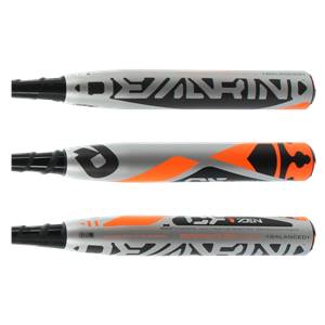 Three views of a silver and orange youth baseball bat with black grip and DeMarini branding.