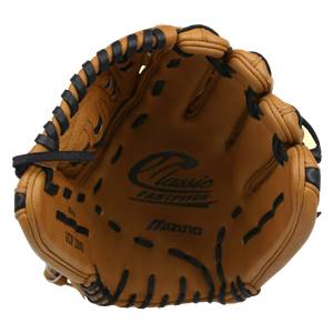 Top-down view of a tan fastpitch glove with black lacing and Classic Fastpitch and Mizuno branding.