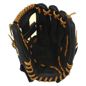 Top-down view of a black baseball glove with tan lacing and embossed MVP logo.