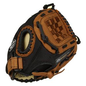 Corner view of a brown and black youth baseball glove with a checkered palm and Louisville Slugger branding.