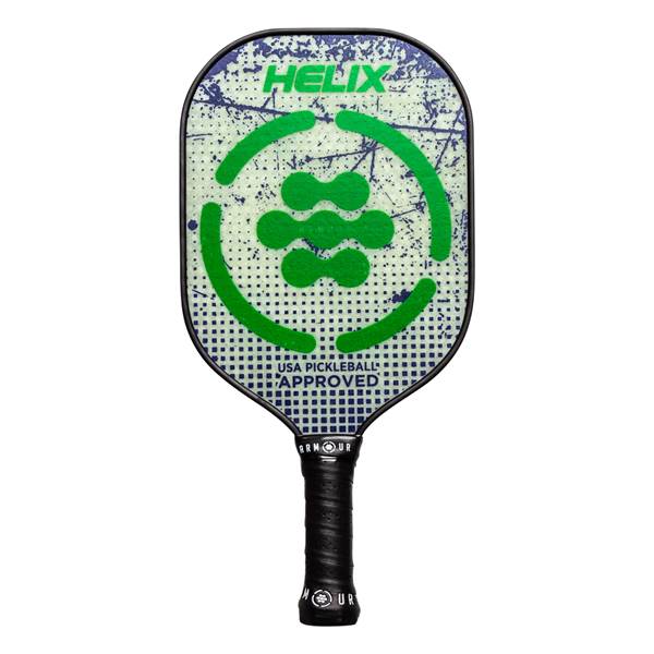 Front view of a white pickleball paddle with green HELIX logo and USA pickleball approved stamp.