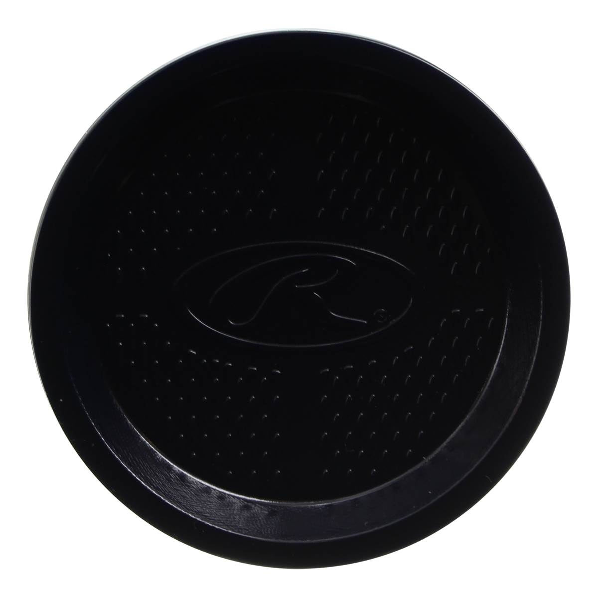 Top-down view of a black baseball bat end cap with a textured surface and embossed Rawlings logo.
