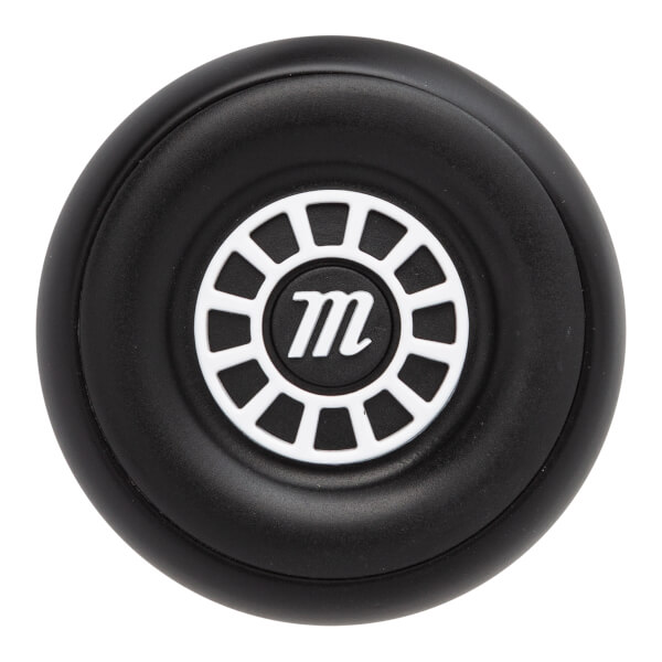 End view of a black baseball bat with a white circular logo featuring a lowercase m.