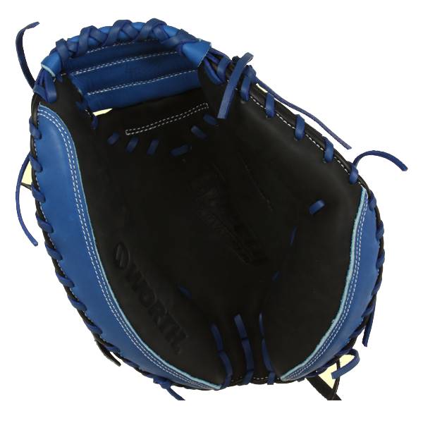 Top-down view of a black and blue catchers mitt with white stitching and WORTH logo.