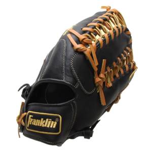 Side view of a black baseball glove with tan lacing and a Franklin logo.