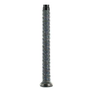 Side view of a gray baseball bat with a blue and gray patterned grip.