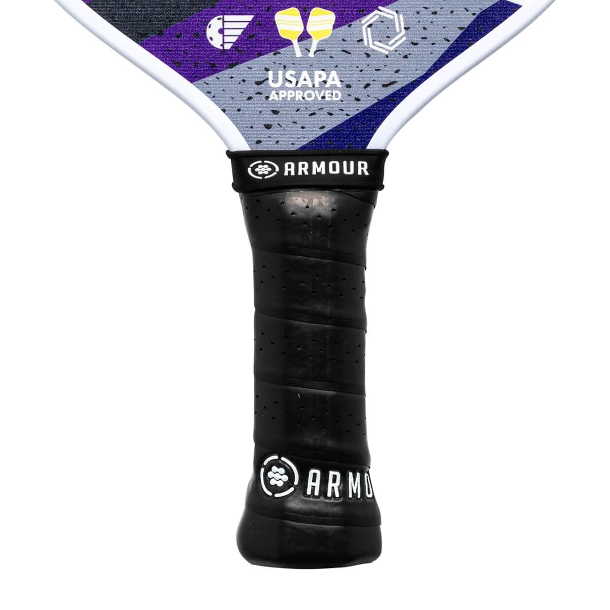 Close-up of a black pickleball paddle grip with Armour branding and USAPA approved text on the paddle head.