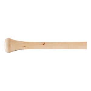 Side view of a natural wood baseball bat with a prominent knob, a tapered handle, and visible wood grain.