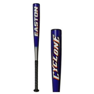 Side view of a blue Easton baseball bat with a black grip and CYCLONE text.