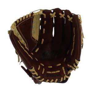 Front view of a brown fastpitch glove with tan lacing and Mizuno text.