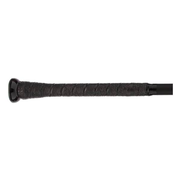 Side view of a black baseball bat with a textured grip and black end cap.