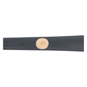 Side view of a dark blue baseball bat with a light wood end cap.