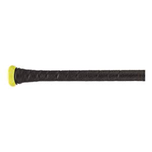Side view of a black baseball bat with a yellow end cap and perforated grip.