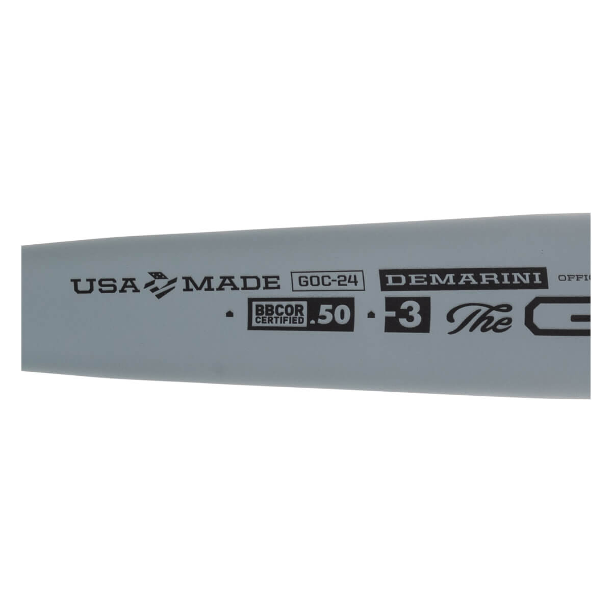 Side view of a gray baseball bat with USA MADE, GOC-24, DEMARINI, BBCOR CERTIFIED .50, and -3 text.