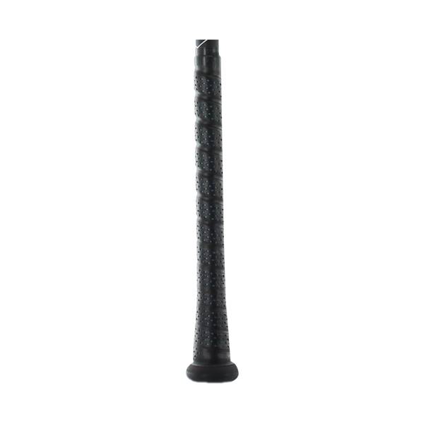 Close-up of a black baseball bat grip with a textured, perforated surface and a black end cap.