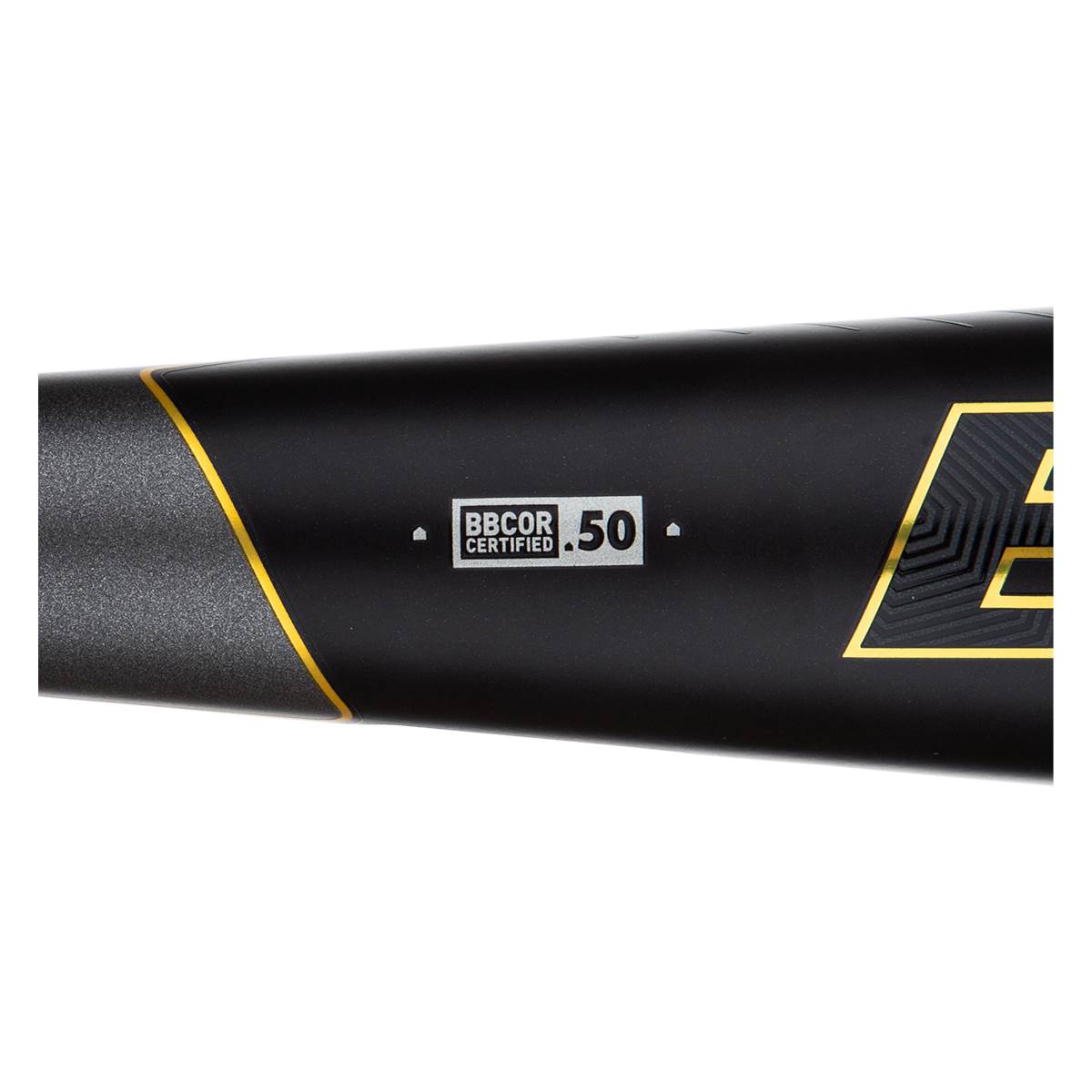 Side view of a black baseball bat with BBCOR CERTIFIED .50 marking and gold accents.