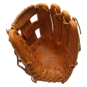 Front view of a tan baseball glove with Global Elite and Mizuno branding.
