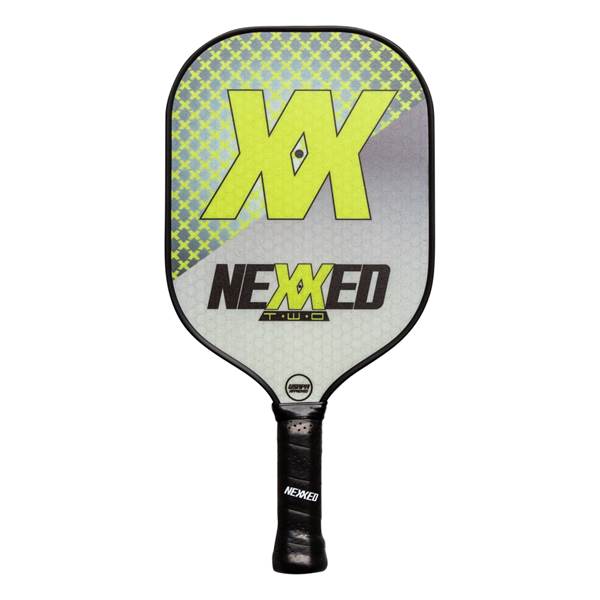 Front view of a gray and yellow pickleball paddle with XX and NEXXED logos.
