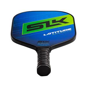 Top-down view of a blue pickleball paddle with a green SLK logo and LATITUDE GRAPHITE text.