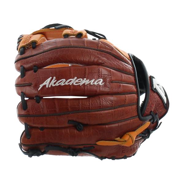 Front view of a brown baseball glove with Akadema embroidered in white and a textured surface.