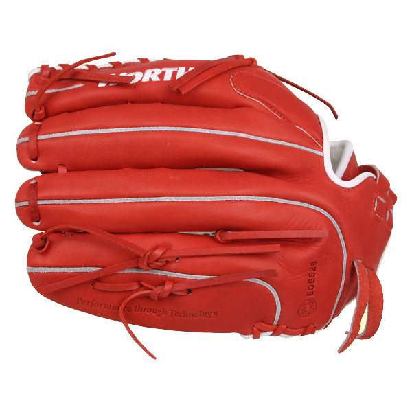 Side view of a scarlet baseball glove with white piping and WORTH visible.